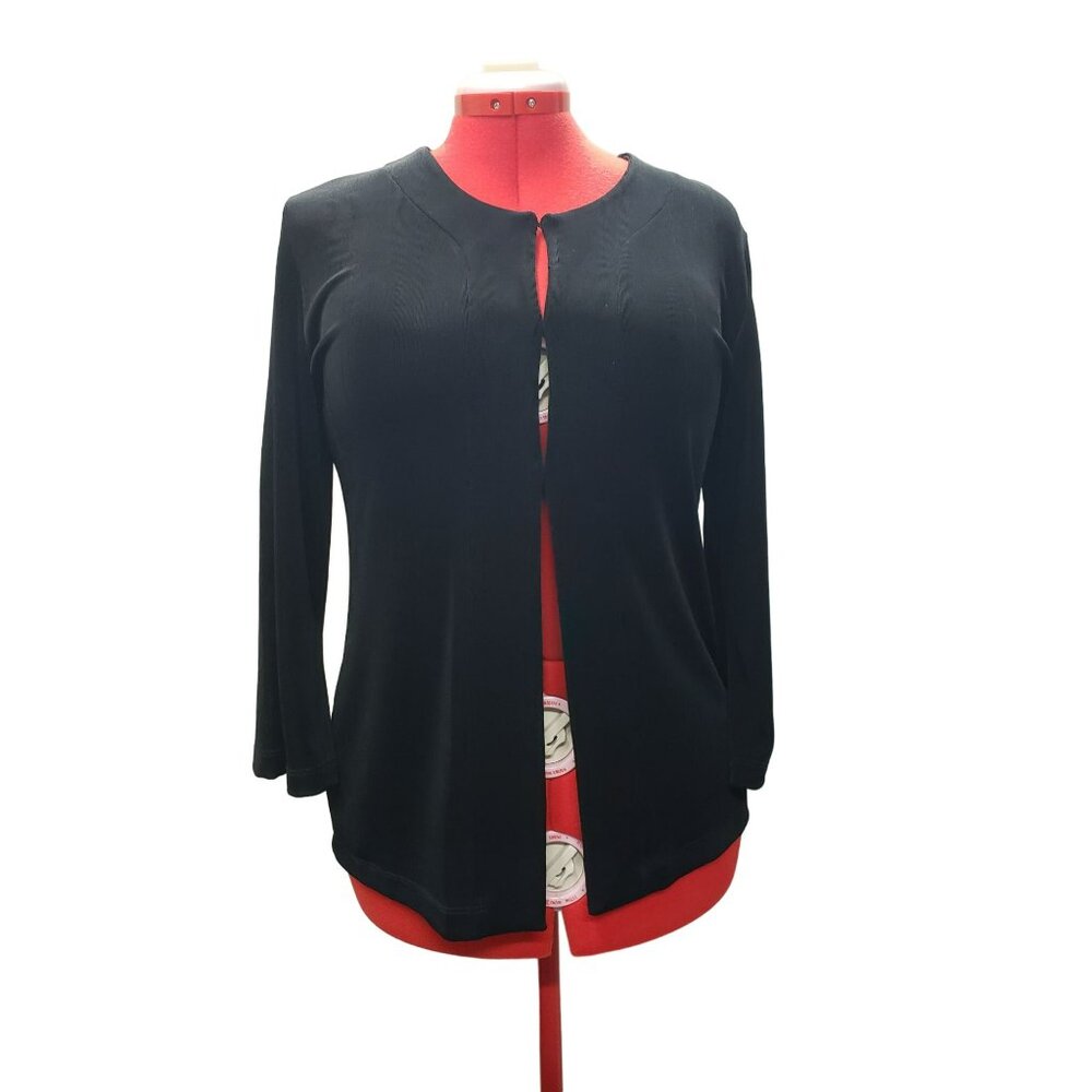 Chicos Travelers Black Cardigan Jacket, 3 hook close, Sz 1 Medium, Long Sleeves
